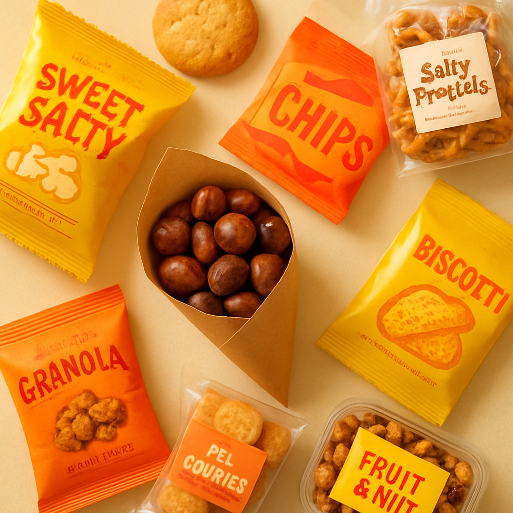 A colorful spread of local artisanal snacks at a market popup